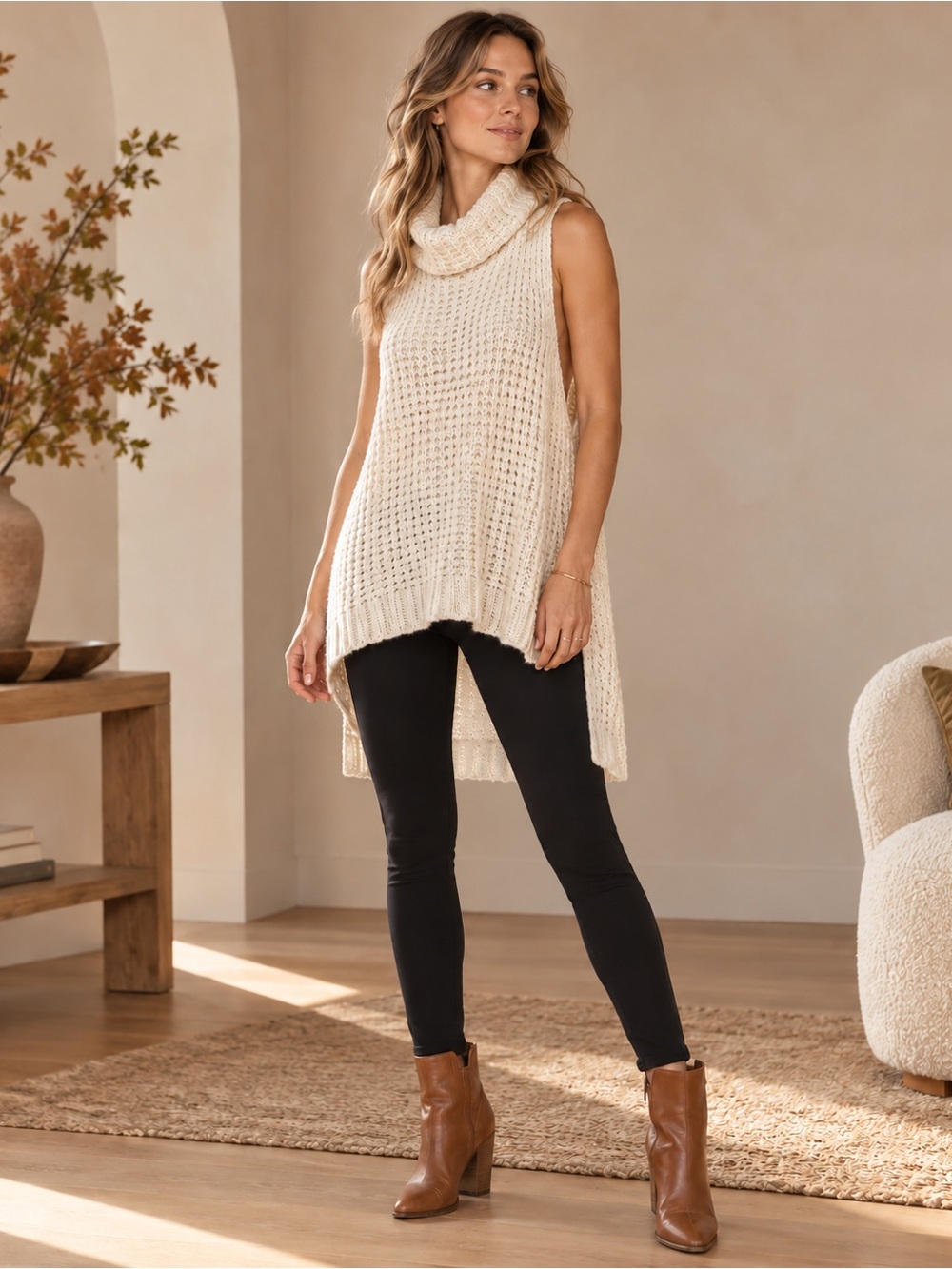FREE PEOPLE Sky Scraper Ivory Cowl Neck Sweater Sleeveless High & Low Chunky XS